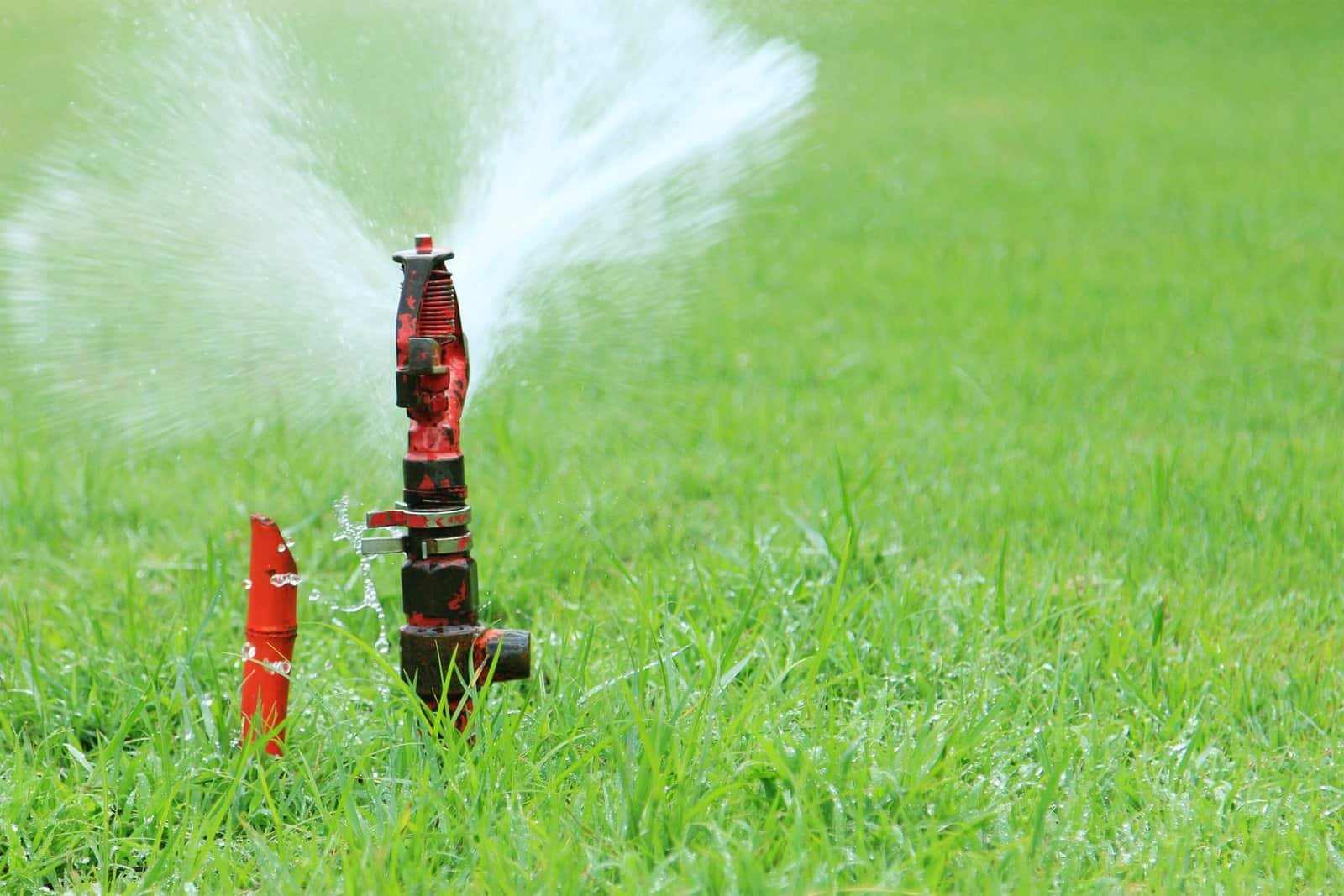 Rociador de jardín en césped verde con aspersor en acción, sistema de riego para mantenimiento de jardines y áreas verdes, servicio de jardinería profesional y estética landscape.