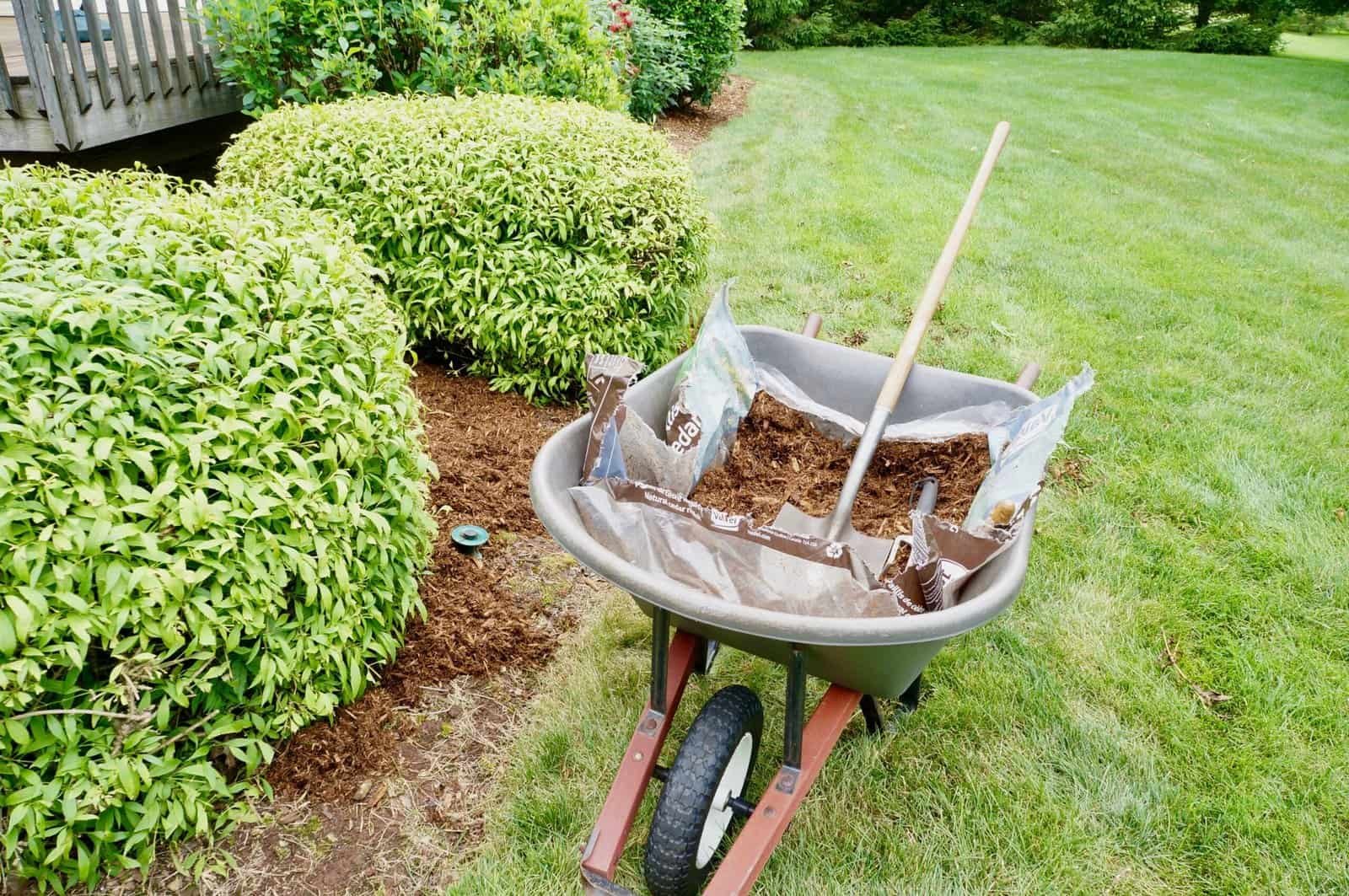 Contenedor de jardín con tierra y pala, en un área de jardinería, mobiliario de jardinería para trabajos de mantenimiento en el césped y plantas, servicios de jardinería profesional en California.
